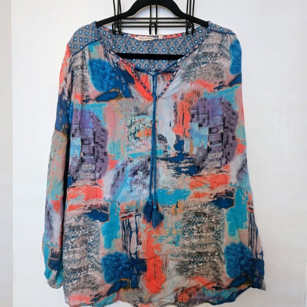 Soft‎ Surroundings blue abstract L/S peasant blouse tunic top NWOT Size XL